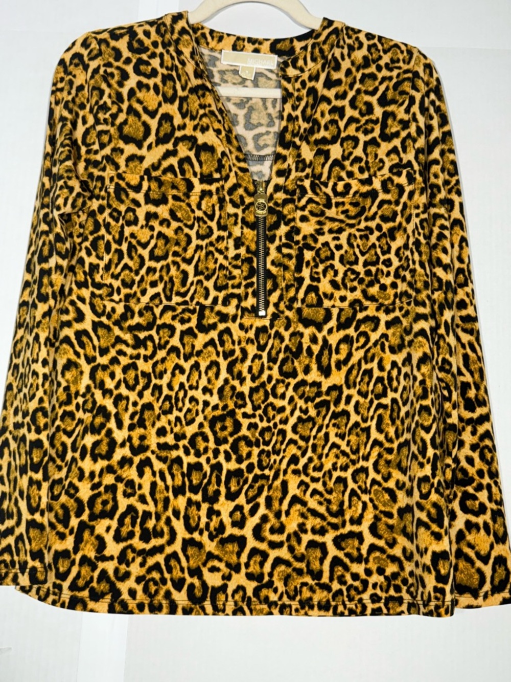 NWT Michael Kors Women’s Leopard Print Zip Front Top Sz S Roll Tab Sleeve Blouse